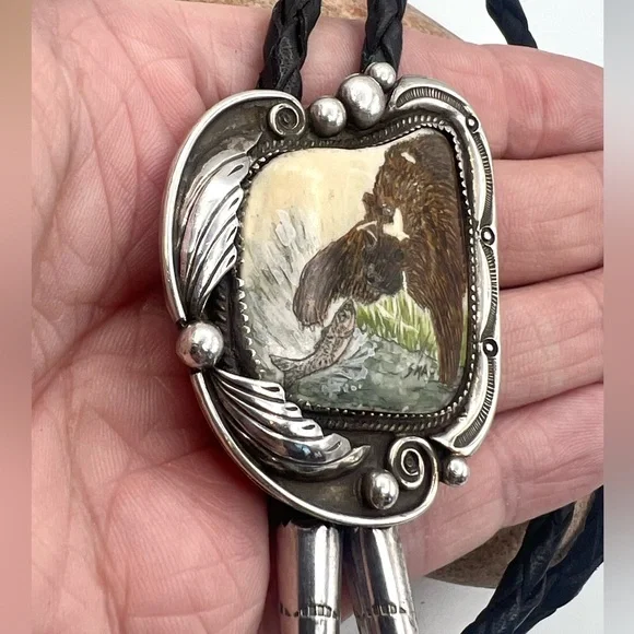 Ivan V Signed Navajo Handmade Sterling Silver Hand Painted Bear Fish Bolo Tie - Picture 4 of 9